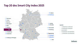 Beim Smart City Index liegt Trier in diesem Jahr auf Platz 14 von 83 untersuchten Großstädten über 100.000 Einwohner. Die Karte zeigt die Top 20 des Rankings, unter die es Trier als einzige rheinland-pfälzische Stadt geschafft hat.